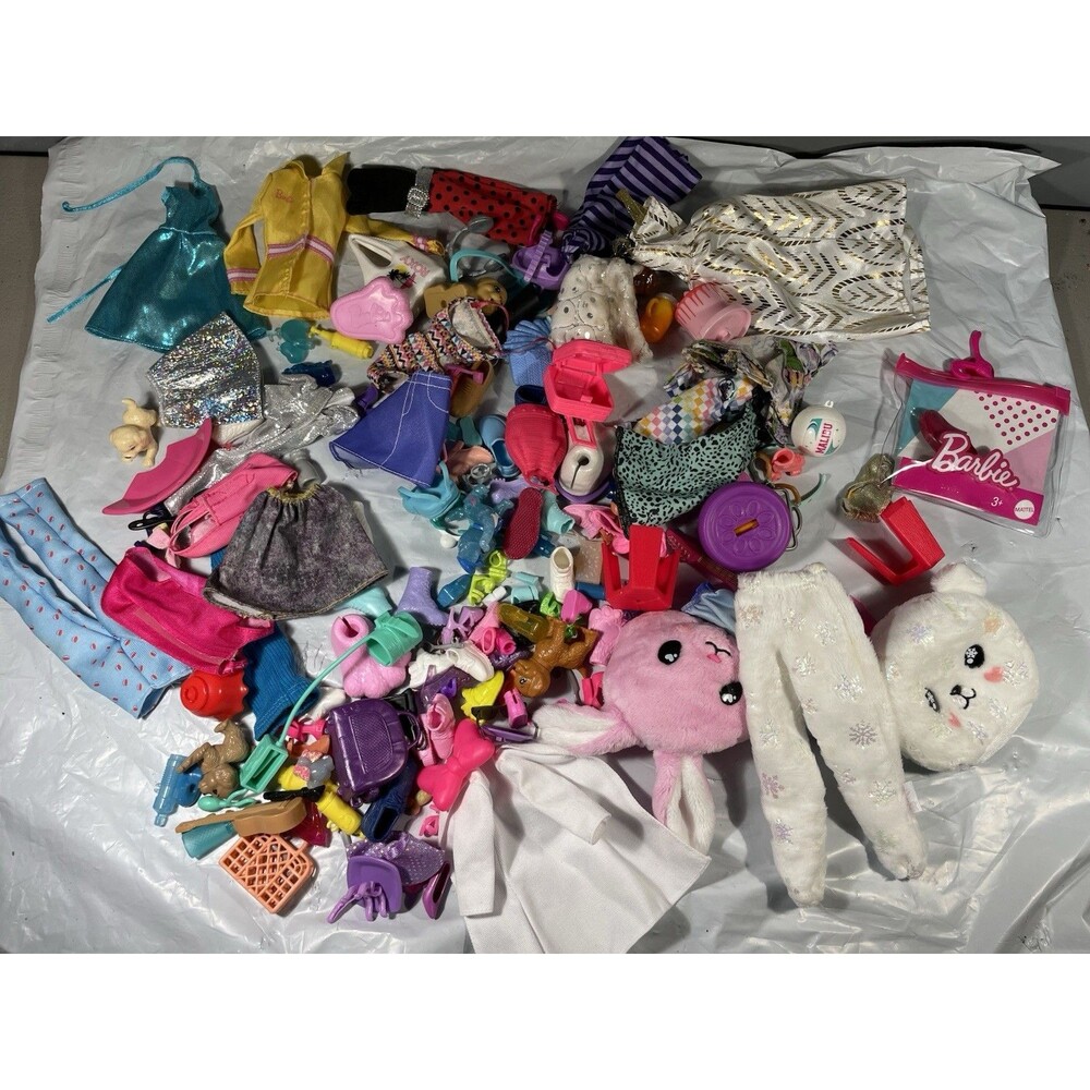 Huge Lot 100+ Barbie Doll Clothes Shoes Accessories Furniture Plush Toys Mixed